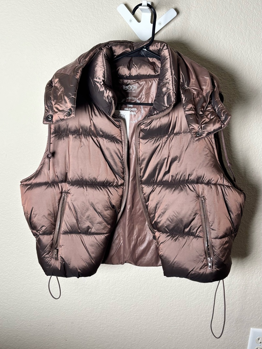 Cotton On Body Brown Shiny Puffer Vest with Removable Hood